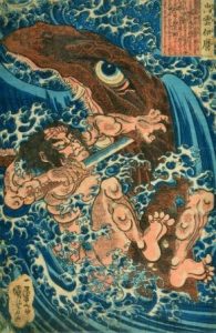 Utagawa Kuniyoshi (1797-1861), Held im Kampf mit dem Seemonster, 1827-30, Farbholzschnitt, 36 x 25 cm, Museum für Kunst und Gewerbe Hamburg, © MKG